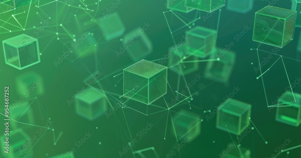 A digital representation of green cubes interconnected by lines, symbolizing data, technology, and connectivity. A digital representation of green cubes interconnected by lines, symbolizing data, technology, and connectivity.