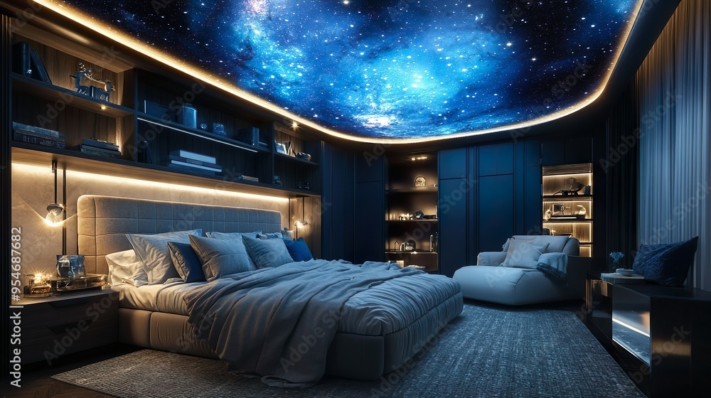 Astronomical themed bedroom with a cosmic mural and glowing stars on the ceiling Astronomical themed bedroom with a cosmic mural and glowing stars on the ceiling