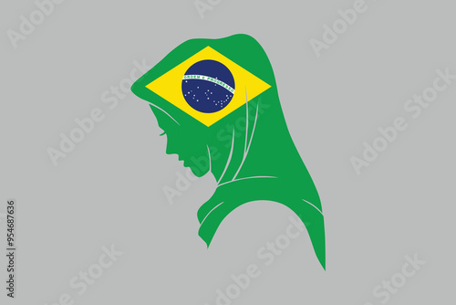 Brazil Muslim girl wearing Egypt flag hijab, Brazil flag over green background vector illustration, Brazilian flag vector, Brazilian national flag graphic
