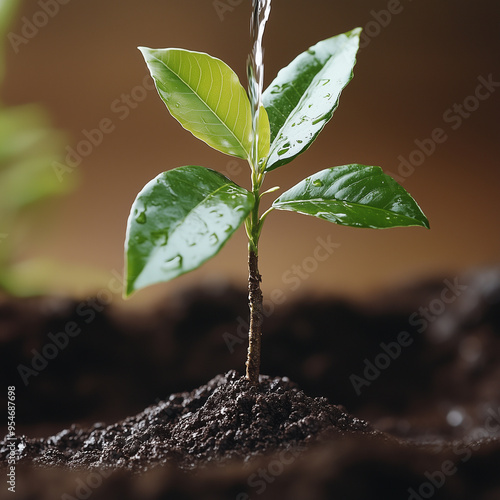 Tree sapling being watered after planting, with fresh soil around its base