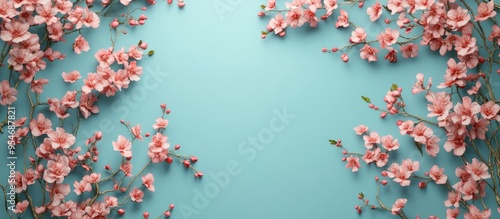 A frame composed of flowering branches set against a blue background. with copy space image. Place for adding text or design