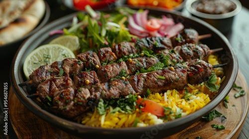 Turkish Kebab: Skewers of grilled Turkish kebab with lamb or chicken, served with rice and salad.