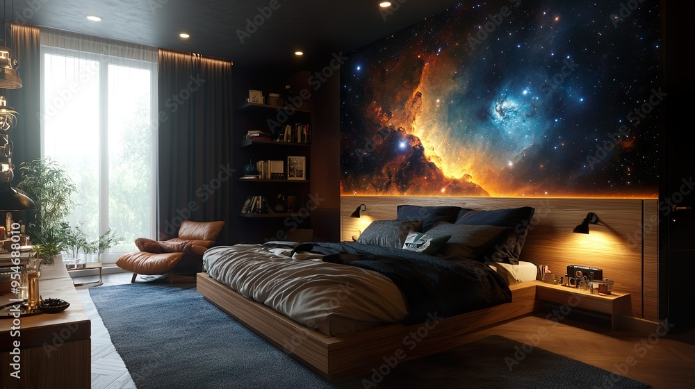 Space retreat with a cosmic mural and glowing stars on the ceiling Space retreat with a cosmic mural and glowing stars on the ceiling