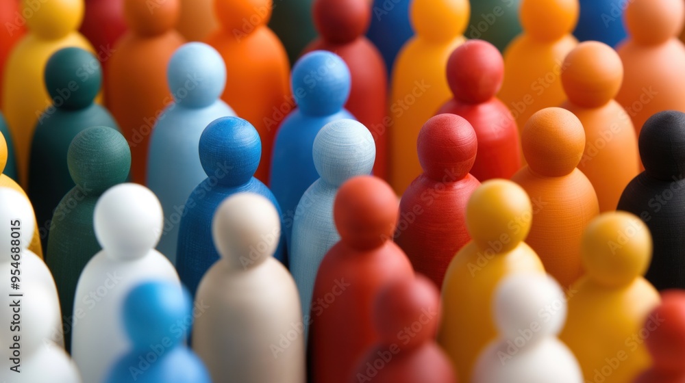 Obraz premium Numerous wooden figures in a variety of colors and shapes are closely packed together, forming an engaging visual representation of a diverse crowd in bright lighting