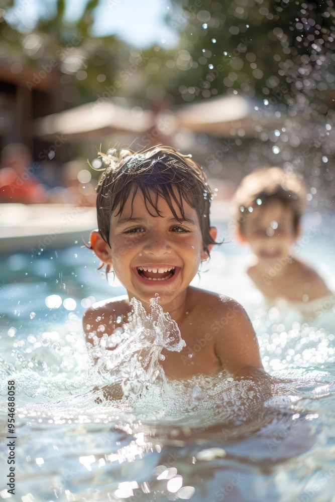 Happy Child Swimming in a Pool with Wet Hair and Water Droplets on Face