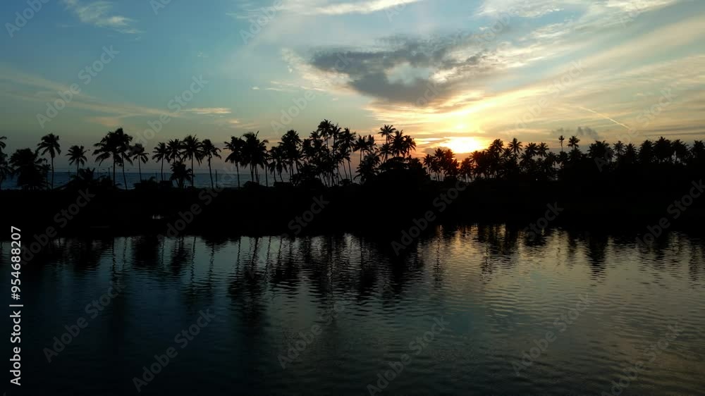 beautiful sunset clouds reflecting on a lake and silhouette Coconut trees , lake and blue twilight sky view beautiful sunset clouds reflecting on a lake and silhouette Coconut trees , lake and blue twilight sky view