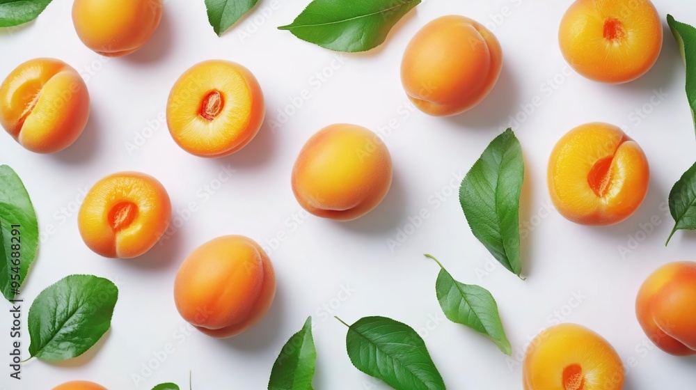 A flat lay of fresh apricots surrounded by green leaves on a white background. A flat lay of fresh apricots surrounded by green leaves on a white background.