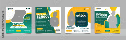 back to school admission social media post set, higher education promotion square flyer web banner study abroad template design.