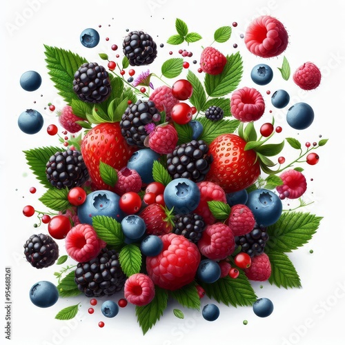 Falling wild berries mix, strawberry, raspberry, blueberry, blackberry, isolated on white background, full depth of field 