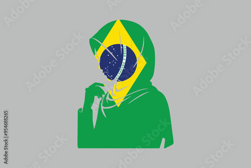 Brazil Muslim girl wearing Egypt flag hijab, Brazil flag over green background vector illustration, Brazilian flag vector, Brazilian national flag graphic
