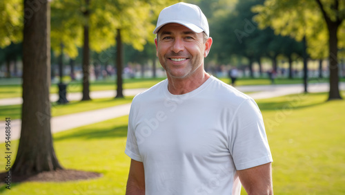 Man wearing white t-shirt and white baseball cap standing in the park