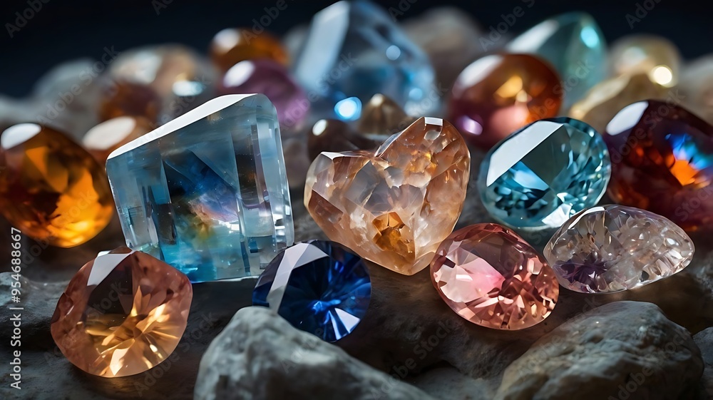 Colorful Gemstones on White Rocks with Dark Background Colorful Gemstones on White Rocks with Dark Background