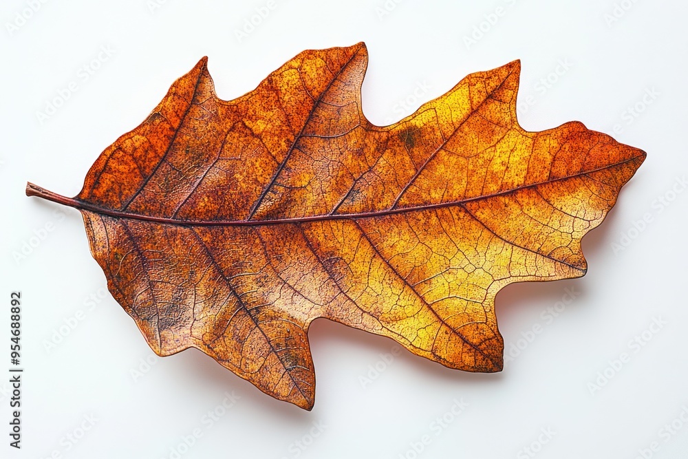 Single, Dried, Orange-Brown Oak Leaf Against White Background