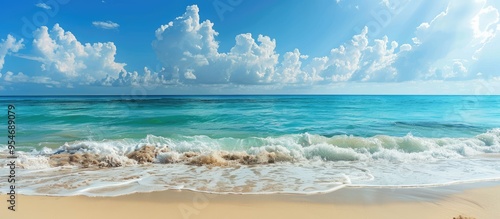 Fototapeta Naklejka Na Ścianę i Meble -  Vacant wild beach and the blue sea horizon blue seascape. with copy space image. Place for adding text or design