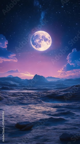 A serene landscape illuminated by a full moon, featuring vibrant colors and tranquil reflections, perfect for creating a peaceful atmosphere.
