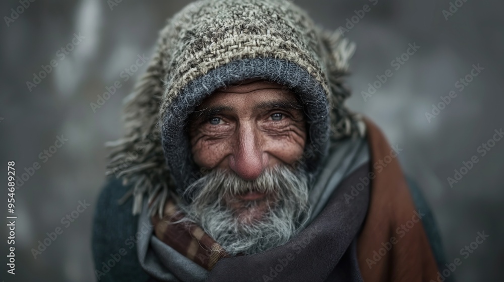 An elderly man with a kind expression is dressed in a warm, knitted hat and multiple layered scarves, standing against a muted gray backdrop during the cold season An elderly man with a kind expression is dressed in a warm, knitted hat and multiple layered scarves, standing against a muted gray backdrop during the cold season