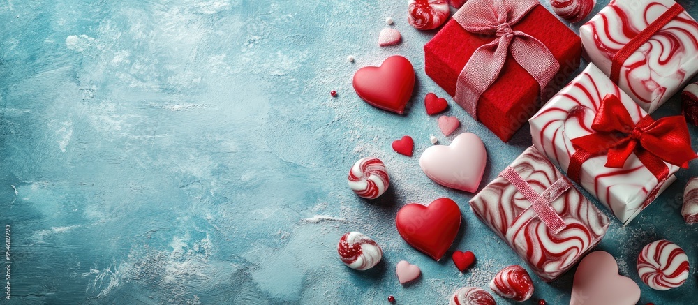 Valentine s Day arrangement sweet candies gift boxes adorned with bows and red felt hearts photo template background Top view with copy space Valentine s Day arrangement sweet candies gift boxes adorned with bows and red felt hearts photo template background Top view with copy space