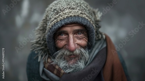 An elderly man with a kind expression is dressed in a warm, knitted hat and multiple layered scarves, standing against a muted gray backdrop during the cold season