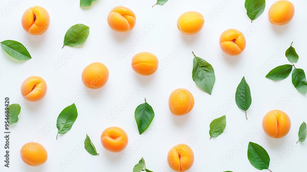 A flat lay of apricots and green leaves on a white background. A flat lay of apricots and green leaves on a white background.