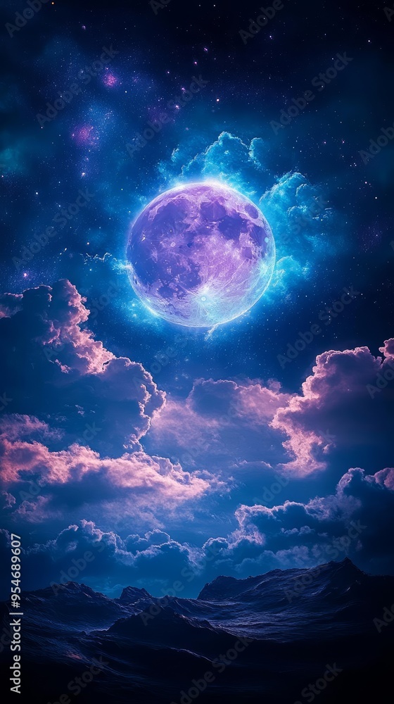 A stunning cosmic scene featuring a vibrant moon surrounded by colorful clouds and a starry night sky. A stunning cosmic scene featuring a vibrant moon surrounded by colorful clouds and a starry night sky.