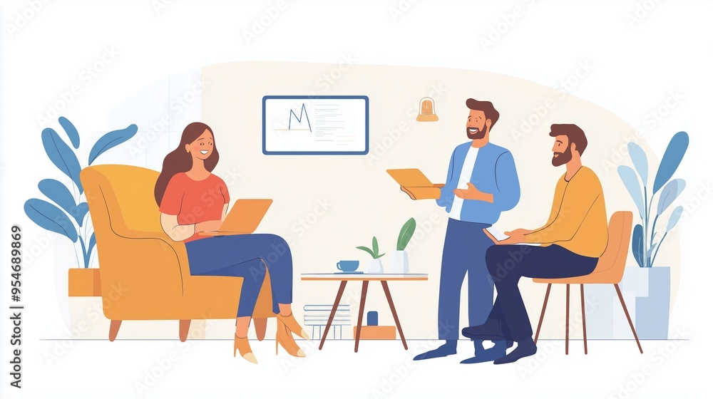 Three colleagues collaborate in a bright office space while discussing ideas and sharing notes during a morning meeting Three colleagues collaborate in a bright office space while discussing ideas and sharing notes during a morning meeting