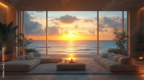 Serene living room with ocean view at sunset.