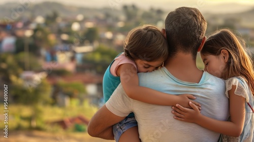 Migrant family being welcomed into a new home, expressions of relief and happiness, sense of stability and fresh start, suburban neighborhood setting with houses and trees