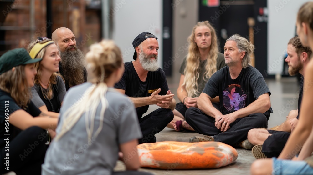 Obraz premium People attending a support group for addiction recovery, sharing stories and encouragement, expressions of vulnerability and strength, promoting mental health and recovery, indoor circle setting
