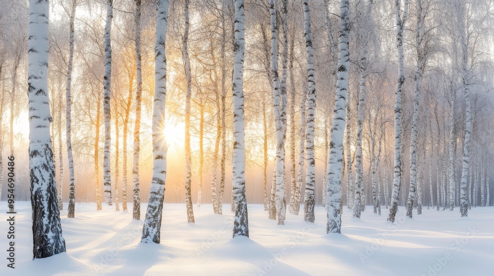 Sunlit Birch Trees in a Snowy Forest Sunlit Birch Trees in a Snowy Forest