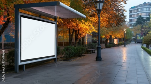 Wallpaper Mural The bus stop stands alone in a serene park, framed by brilliant autumn leaves. Soft light illuminates the path, creating a tranquil atmosphere during the evening hours Torontodigital.ca