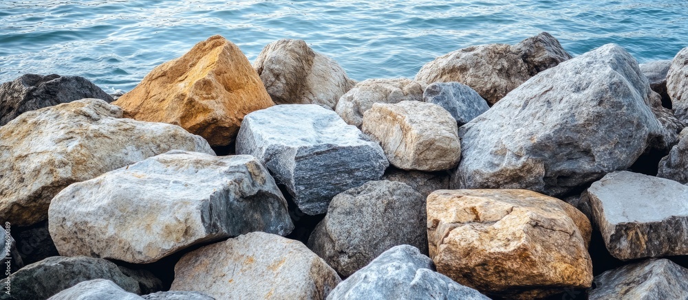 Piles of large natural stones for wave breaking in the harbor create a beautiful texture. with copy space image. Place for adding text or design Piles of large natural stones for wave breaking in the harbor create a beautiful texture. with copy space image. Place for adding text or design