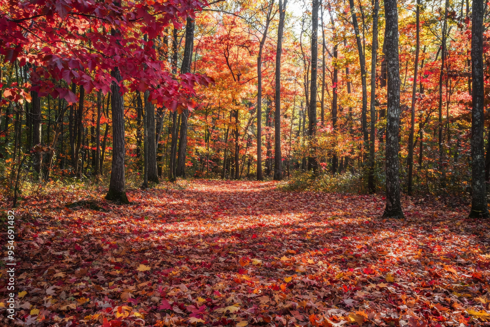 A serene forest path covered in vibrant autumn leaves, showcasing the beauty of nature in fall. A serene forest path covered in vibrant autumn leaves, showcasing the beauty of nature in fall.