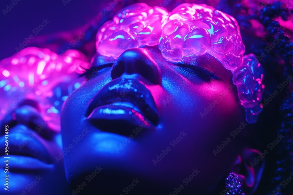 Cognitive function Sequential Neon lit portrait of a woman with a glowing brain pattern symbolizing the vivid connection between thought and emotion in a surreal vibrant setting Cognitive function Sequential Neon lit portrait of a woman with a glowing brain pattern symbolizing the vivid connection between thought and emotion in a surreal vibrant setting