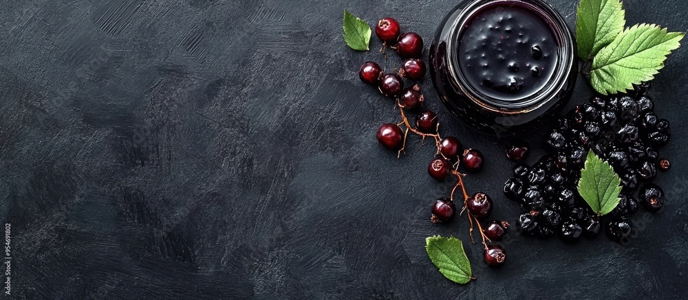 Jam made from black chokeberries Aronia melanocarpa and their berries on a dark table Homemade preserves Top view Horizontal. with copy space image. Place for adding text or design Jam made from black chokeberries Aronia melanocarpa and their berries on a dark table Homemade preserves Top view Horizontal. with copy space image. Place for adding text or design