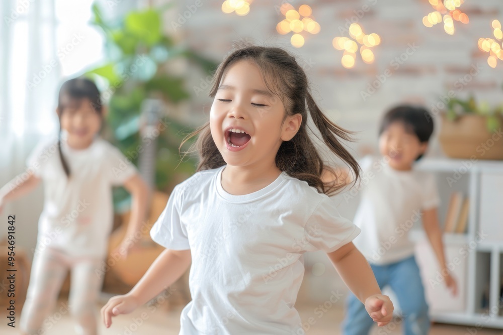 Happy Asian Children Laughing Together in Living Room Happy Asian Children Laughing Together in Living Room