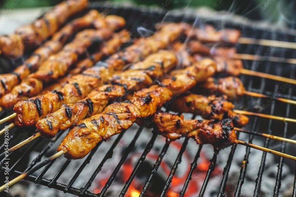 Grilled Chicken Skewers, Close Up Succulent Chicken Kebabs Cooking on a Hot Barbecue Grilled Chicken Skewers, Close Up Succulent Chicken Kebabs Cooking on a Hot Barbecue