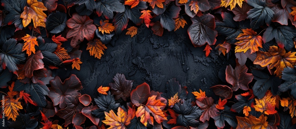 Frame made of autumn leaves set against a black background. with copy space image. Place for adding text or design Frame made of autumn leaves set against a black background. with copy space image. Place for adding text or design
