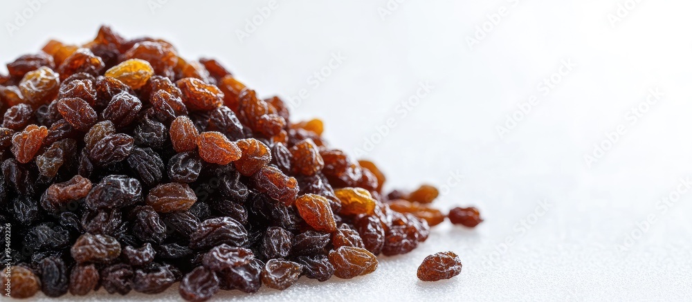 Fototapeta premium Pile of raisins on a white background. with copy space image. Place for adding text or design
