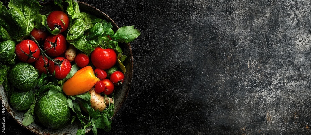 Healthy Organic Vegetables in a worn out pan. with copy space image. Place for adding text or design Healthy Organic Vegetables in a worn out pan. with copy space image. Place for adding text or design