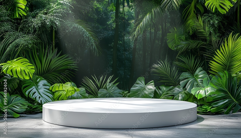 Podium Background for Product Display with Green Tropical Plants Soft Lighting Podium Background for Product Display with Green Tropical Plants Soft Lighting