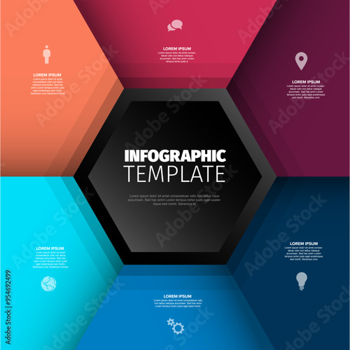 Six blue and red blocks  infographic template with big black hexagon jewel in the moddle, with icons, titles descriptions. Modern multipurpose infochart template photo