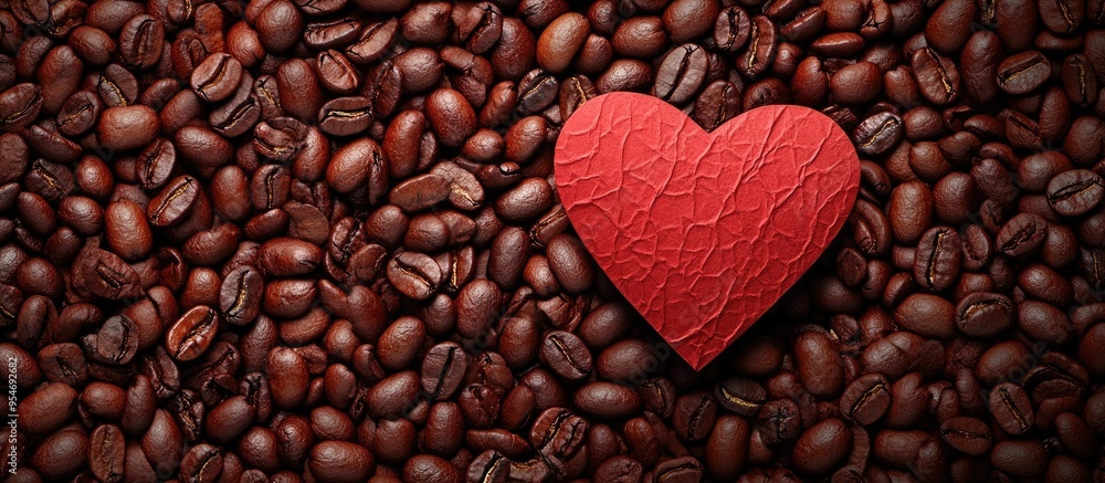 Red paper heart on a red background of coffee beans Textures of roasted coffee beans with a red heart for the backdrop Valentine s Day wedding love. with copy space image