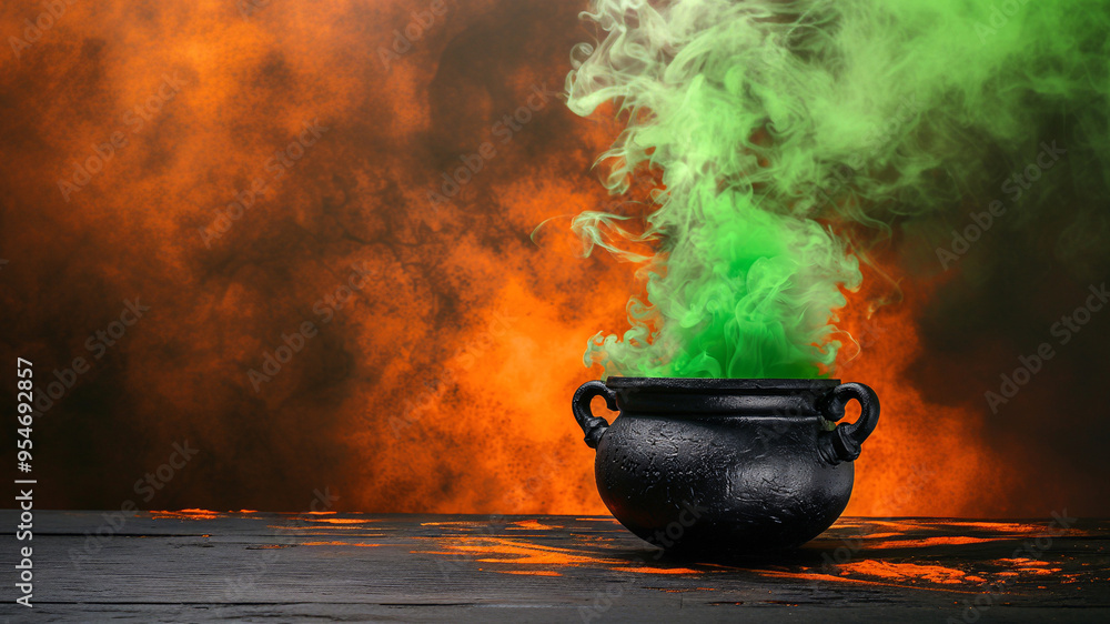 Witch's cauldron brews a potion with green smoke on an orange background. Design banner template for Halloween, children's parties and St. Patrick's Day. Copyspace Witch's cauldron brews a potion with green smoke on an orange background. Design banner template for Halloween, children's parties and St. Patrick's Day. Copyspace