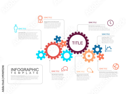 Multipurpose infographic report template made from cogwheels icons and descriptions. Infochart template for engine or wheel mechanism