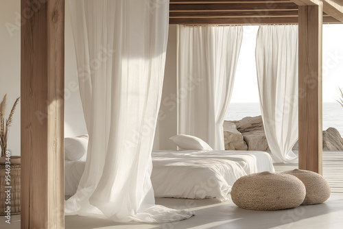 Minimal Beach Design with Natural Wood and White Fabrics: Wide-Angle Architectural Photo