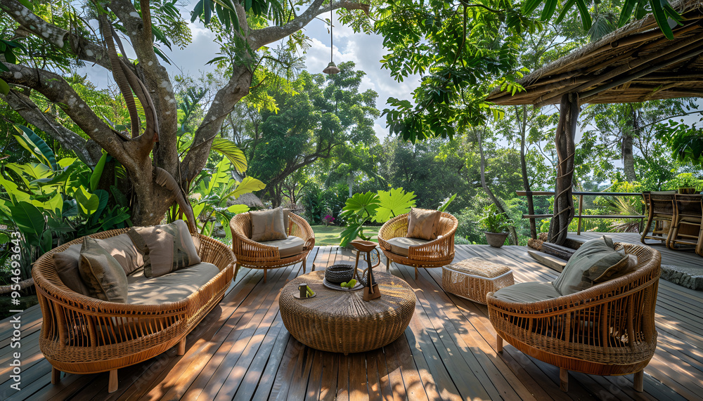 Obraz premium Open relaxing space with trees around and rattan furniture