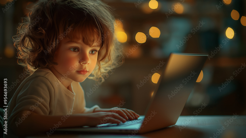 Curious child engaged with laptop in a warm digital space Curious child engaged with laptop in a warm digital space