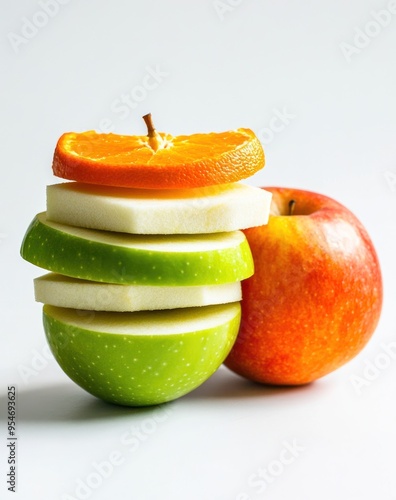Stacked Fruit, Orange, Apple, Green, White