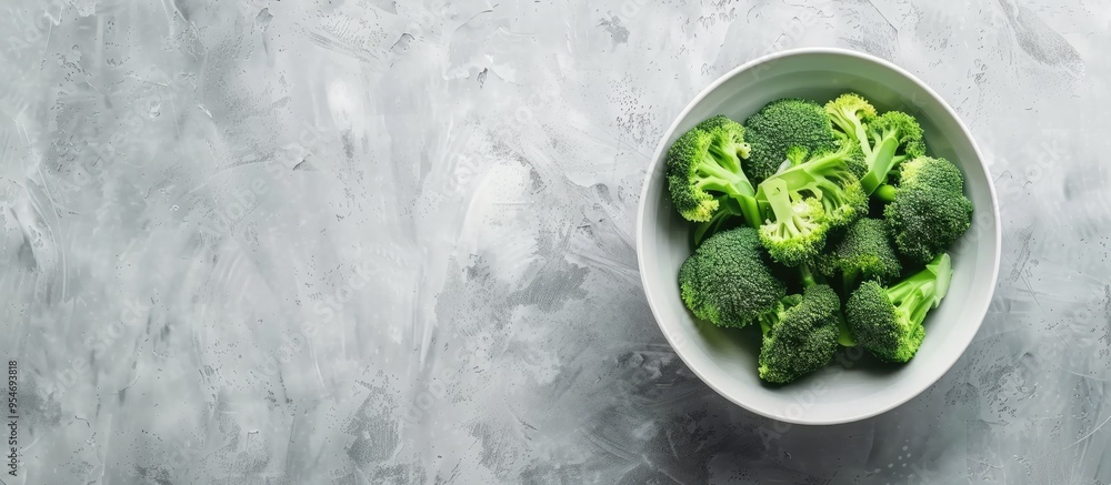 Obraz premium Bowl of fresh broccoli on a gray table Area for text. with copy space image. Place for adding text or design