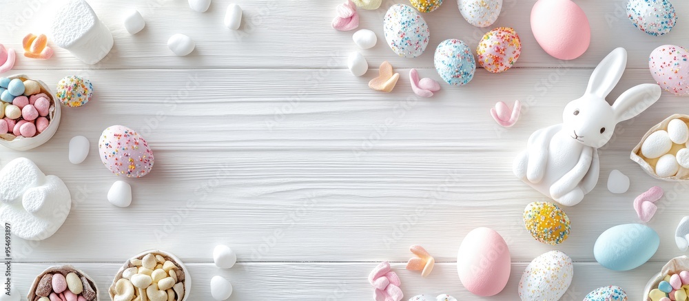 Obraz premium Sweet Easter idea Assorted sweets for kids during Easter including marshmallow rabbits chocolate eggs candies bunnies and snacks on a white wooden surface Flat lay Easter decoration concept Mock up